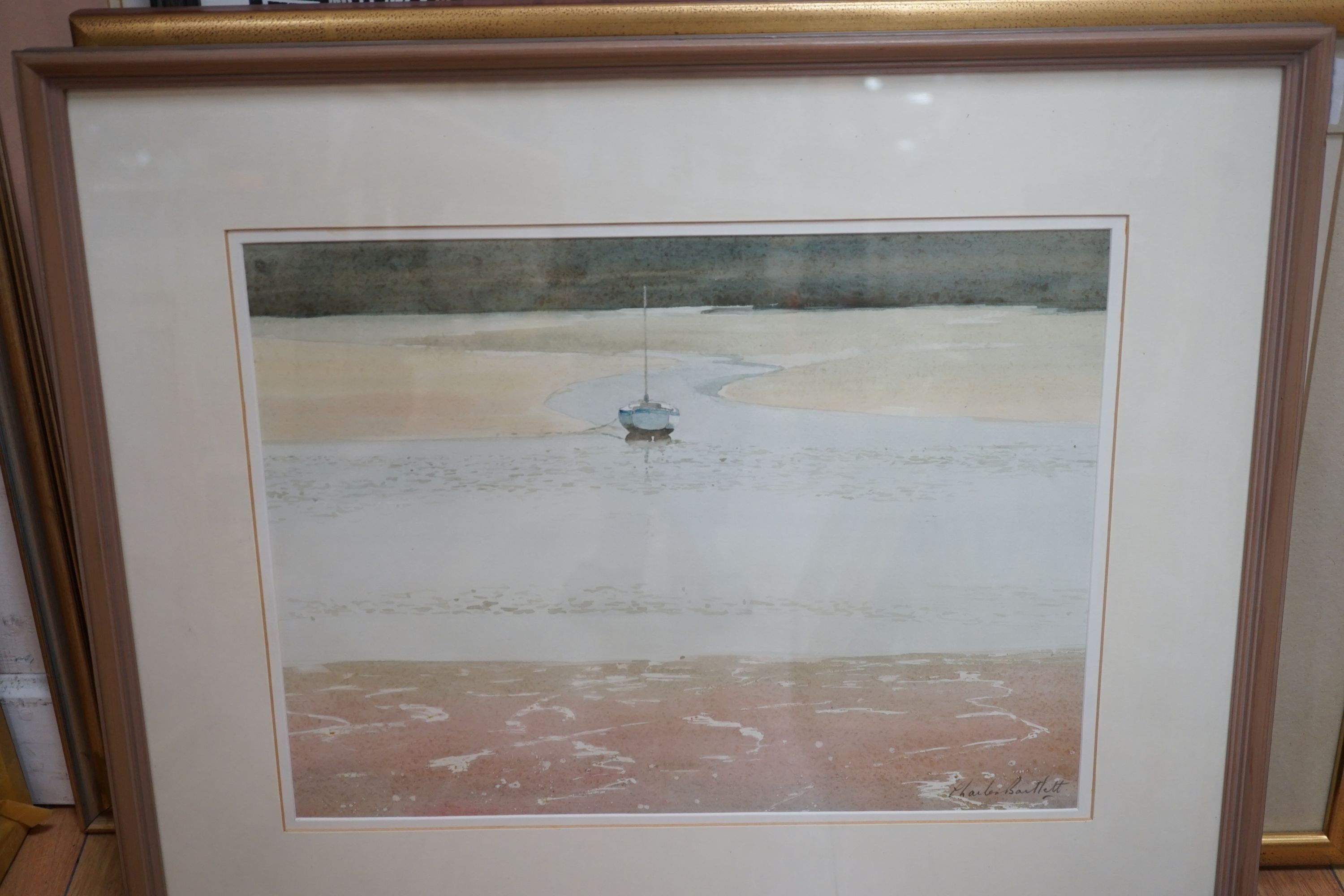 Charles Bartlett (1921-2014), East Anglian watercolour of yacht amongst the tide